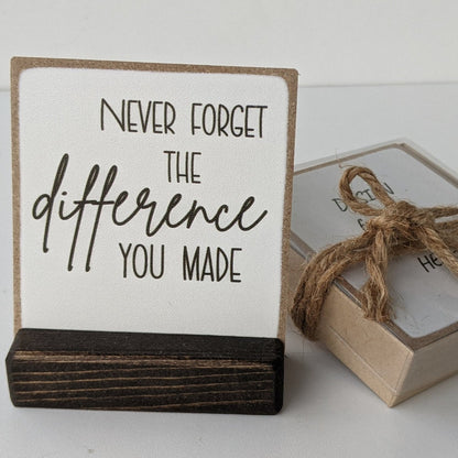 Never forget the difference you made, retirement gift, thank you gift, appreciation gift, employee, message in a box, personalized, card