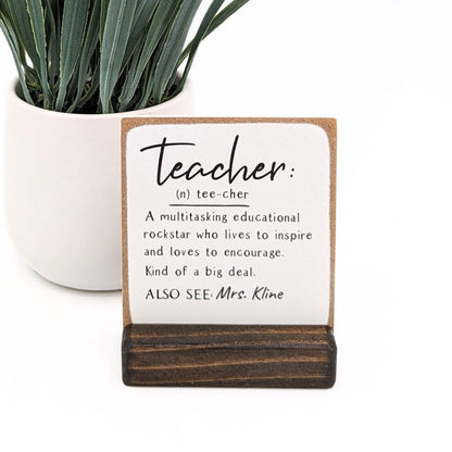 Teacher gift, teacher definition sign, educational rockstar, teacher card, wood card, message in a box, desk decor sign